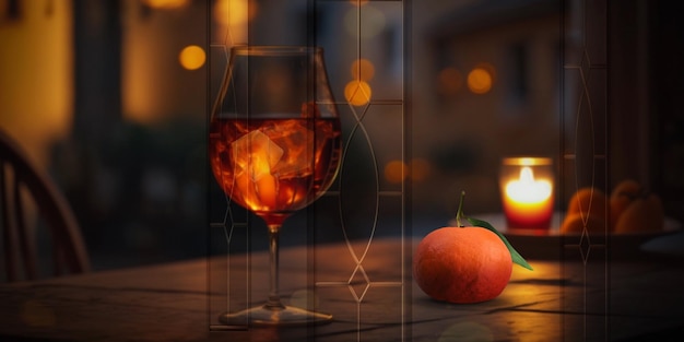 nacht stad, avond straat café glas oranje wijn, kopje koffie en kaarsen op houten tafel