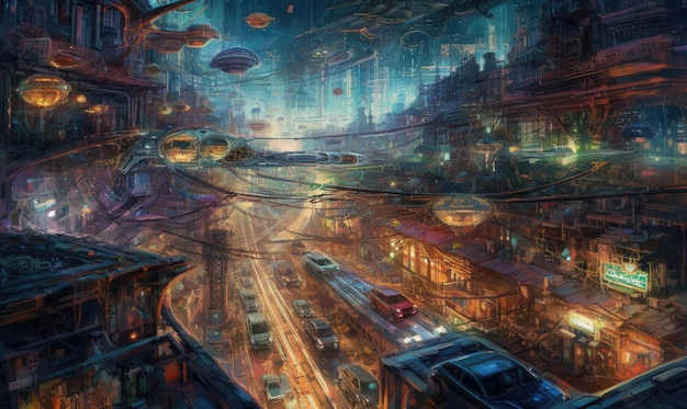 nacht stad drone steampunk ghostpunk dieselpunk fantasy illustratie poster spel kunst ontwerp boek