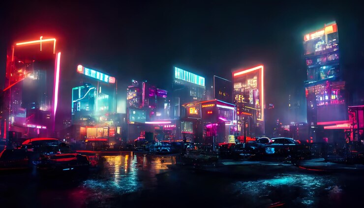 Foto nacht stad neonlichten van de metropool weerspiegeling van neonlichten in het water moderne stad met hoogbouw nacht straatscène stad aan de oceaan 3d illustratie