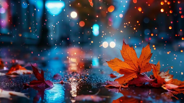 nacht stad vervaagde neon licht herfst bladeren vallen regendruppels op raam glas regenseizoen in de stad Co