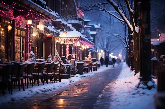 Nacht stad winter besneeuwde straat versierd met heldere kransen en lantaarns voor Kerstmis