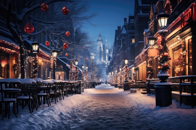 Nacht stad winter besneeuwde straat versierd met heldere kransen en lantaarns voor Kerstmis
