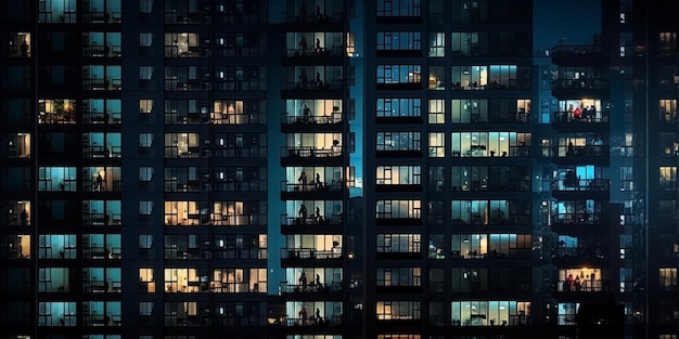 nacht stadsgebouwen ramen met wazig licht en mensen siluetthe