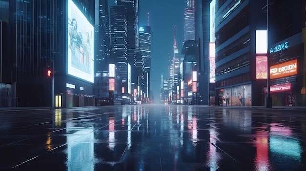 Nacht stadsgezicht met billboards en advertenties in een moderne zakenwijk met reflecties van plassen op straat 3D-rendering