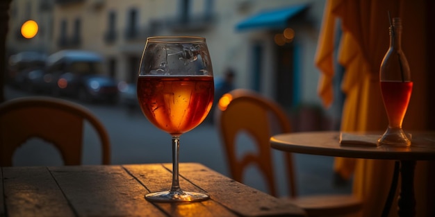 nacht stadsleven, zonsondergang stad avond straat café glas oranje wijn en kaarsen op houten tafel