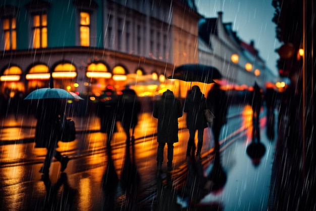 nacht stadsregen, ramen bouwen carrs verkeerslicht voetganger met paraplu's lopen stedelijk weer
