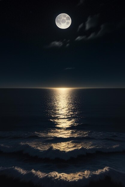 Nacht sterrenhemel maanlicht schijnt op het zeewater eenzame gedachten wallpaper achtergrond banner