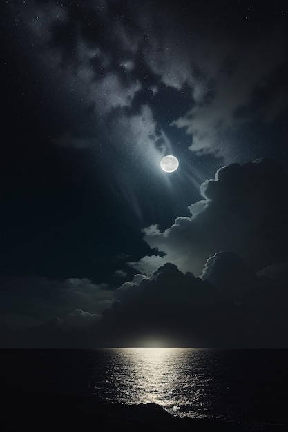 Nacht sterrenhemel maanlicht schijnt op het zeewater eenzame gedachten wallpaper achtergrond banner