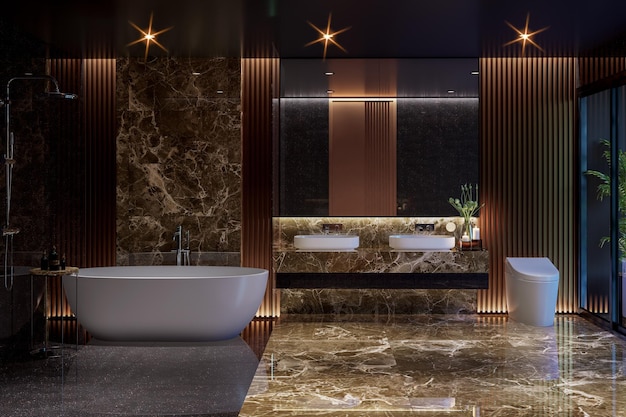 Foto nacht tijd moderne stijl luxe zwarte badkamer met glanzende marmer steen 3d render