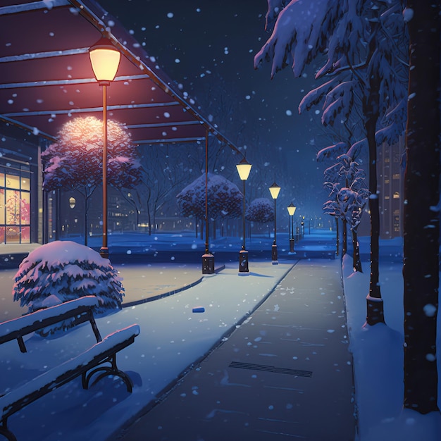 Nacht winterlandschap op de steeg van het stadspark 3D-rendering. rasterillustratie