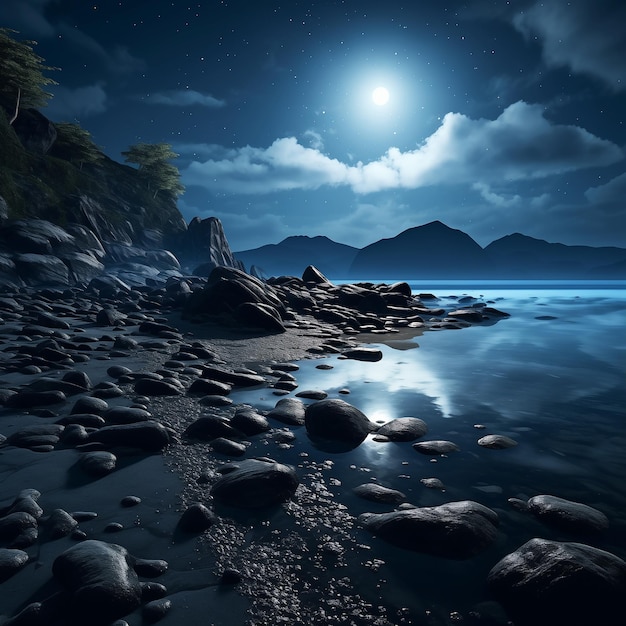 Foto nacht zee blauwe rots oppervlak wolken maan rustig
