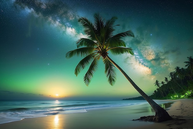 Nacht zee kant kokosnoot boom groen gazon strand sterrenstelsel