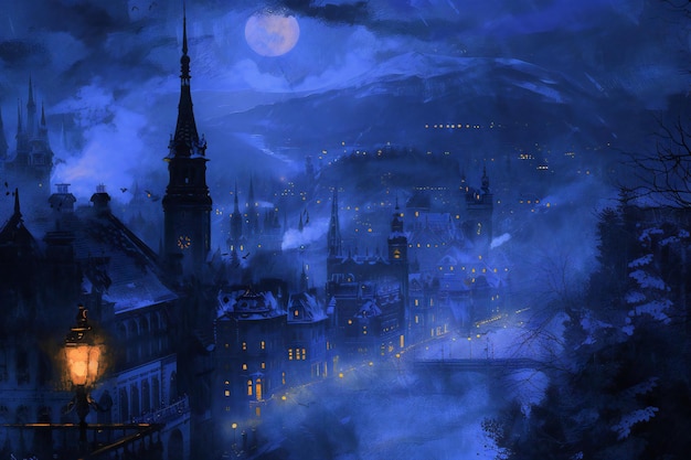 Nachtbeeld van de oude stad van Praag Tsjechië Digitale schilderkunst