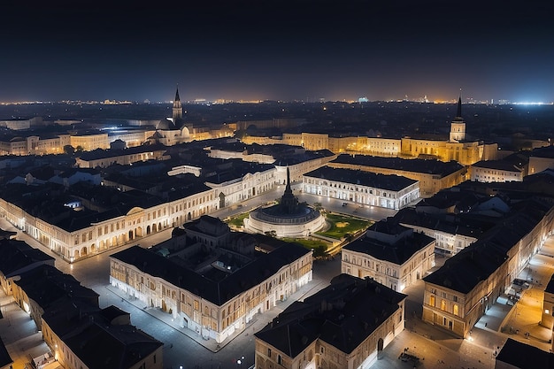 Nachtbeeld van de stad voor het plein