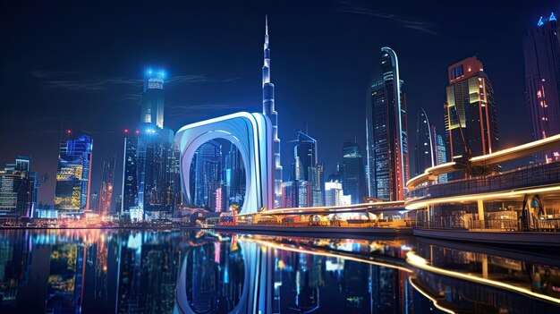 Nachtbeeld van een futuristisch stadsbeeld met neonlicht