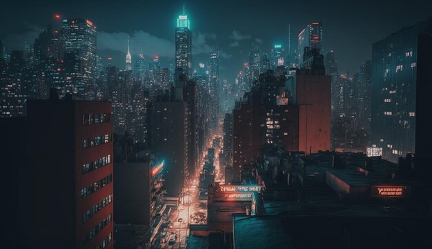 Nachtbeeld van een stad met hoge gebouwen en een straatverlichting