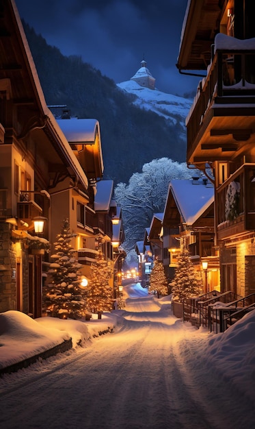 Nachtbeeld van een straat in de Alpenstad Hallstatt Oostenrijk