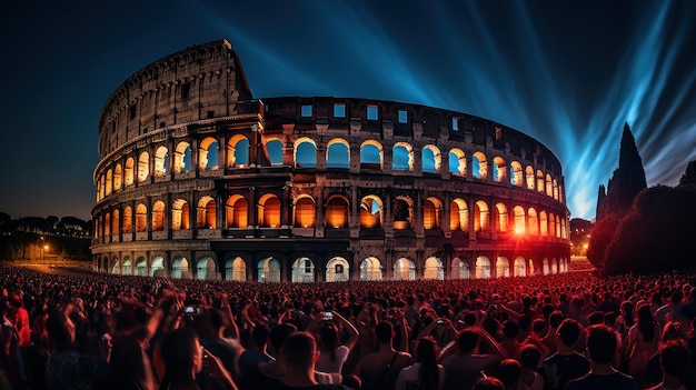 Nachtbeeld van mensen die jubelen in het Colosseum in Rome generatieve AI