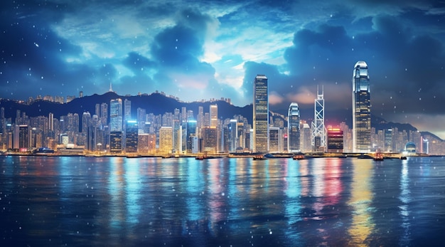 Nachtbeeld van Victoria Harbour Hong Kong