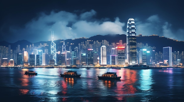 Nachtbeeld van Victoria Harbour Hong Kong