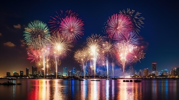 Nachtbeeld van vuurwerk over de stad's nachts bij het water en vuurwerk in de stadshaven