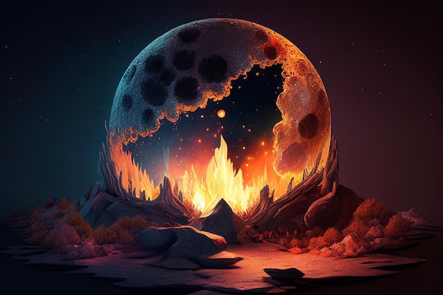Nachtbos met brandend vuur tegen de achtergrond van de maan Generatieve AI