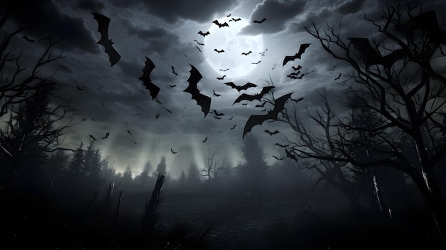 nachtbos met vleermuizen die over het maanlicht vliegen