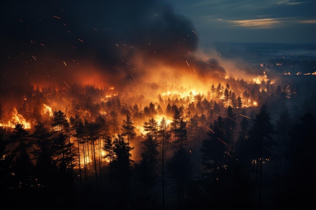 Nachtbosbrand verbrandt de pijnbomen in het bos Genatieve AI