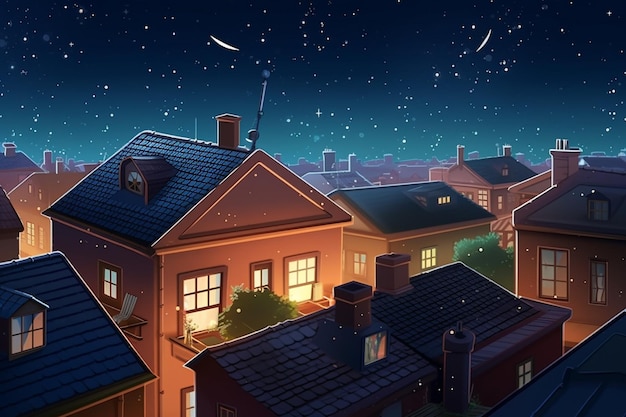 Nachtcityscape met huizen en sneeuwvlokken in de hemelillustratie