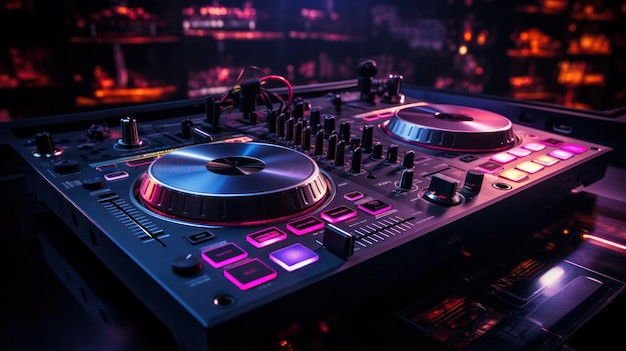 Nachtclub DJ-setupcontroller verlicht door levendige neonlichten