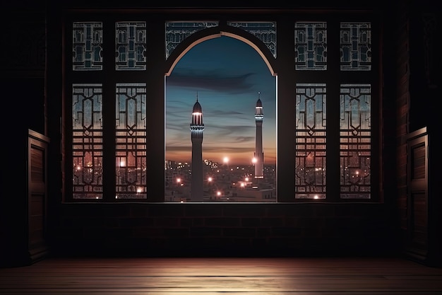 Foto nachtconcept met licht uit een raam van een stad en een maan aan de hemel