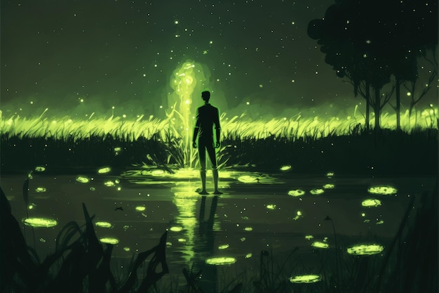 Nachtelijk beeld van een mannetje dat in moerasland staat met vuurvliegjes en volle maan op de achtergrond Fantasieconcept Illustratie schilderij Generatieve AI