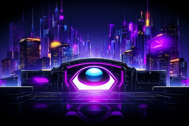 Nachtelijk stadsbeeld Een futuristische scène met digitale gebouwen en levendige kleuren Ai gegenereerd