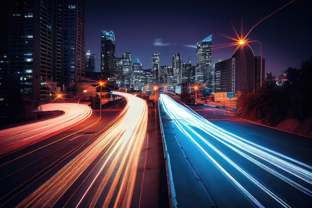 Nachtelijk stadsbeeld met snel rijdend verkeer en lange belichtingen gemaakt met generatieve AI