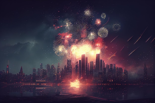 Nachtelijk uitzicht op de skyline van de stad met vuurwerk dat explodeert in de lucht