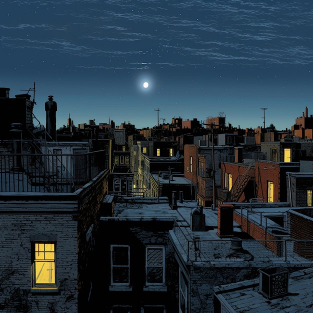 Foto nachtelijk uitzicht op een stad met een volle maan en een paar gebouwen generatieve ai
