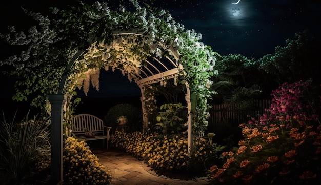 Foto nachtelijk uitzicht op een tuin met een bank en een pergolated arbor generatieve ai