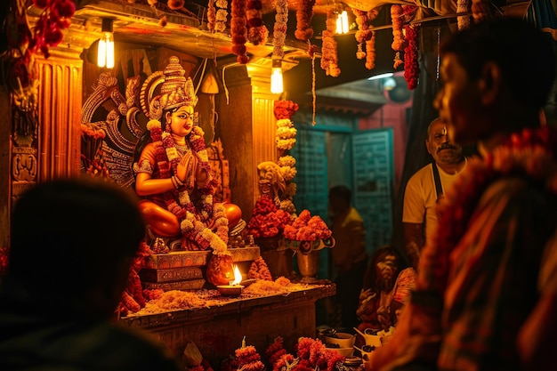 Nachtelijke aanbidding van godin Saraswati in Howrah West-Bengalen India