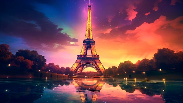 Nachtelijke Eiffeltoren met een gloeiende aura Generatieve AI