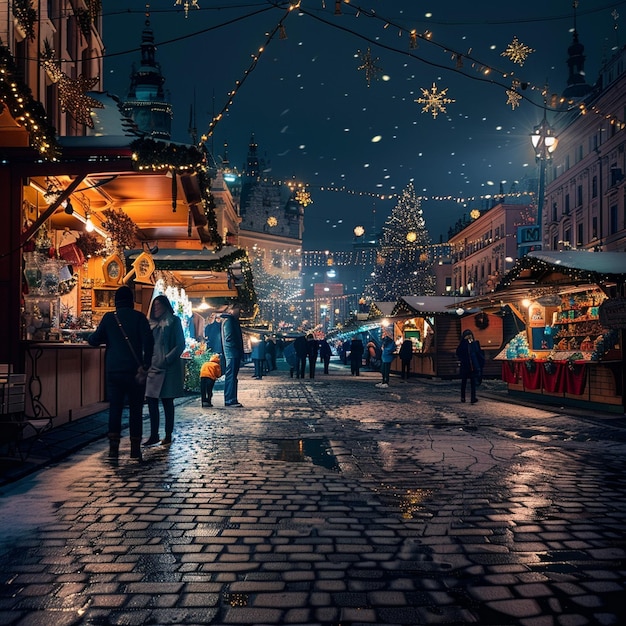 Nachtelijke feestelijke verlichting op de kerstmarkt van Krakau