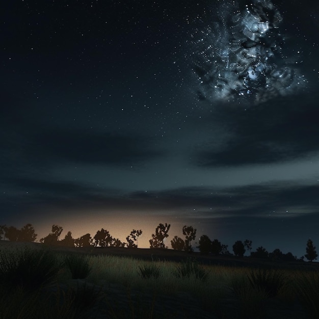Foto nachtelijke hemel met sterren en melkachtig over een grasveld generatieve ai