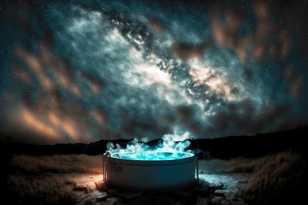 Nachtelijke hemel met witte wolken en verlichte hot tub buiten