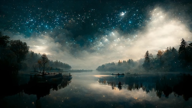 Foto nachtelijke hemel weerspiegeld in meer onder sterren wolken mist