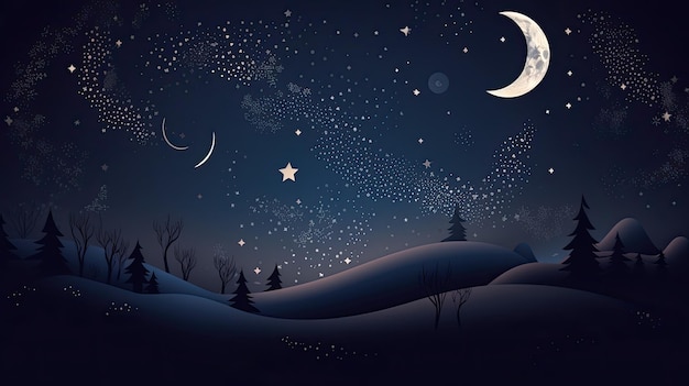 Nachtelijke hemelillustratie met glinsterende sterren en een halve maan