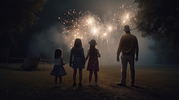 Nachtelijke illustratie van een gezin dat met vuurwerk speelt