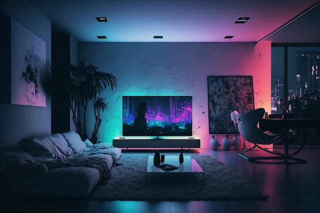 Nachtelijke moderne woonkamer met groot tv-muurscherm en neonlichten AI