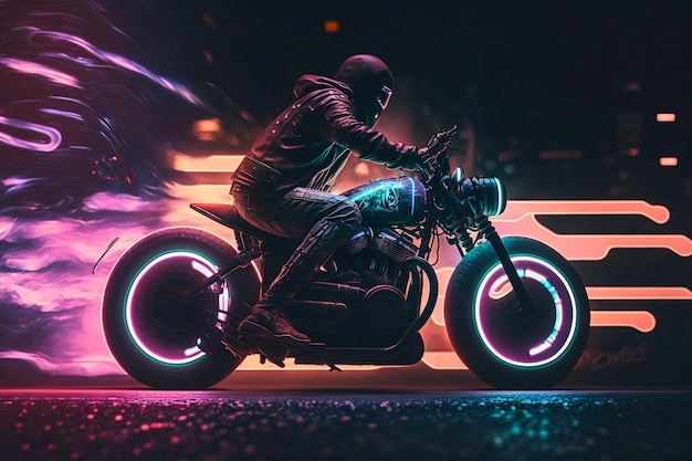 Nachtelijke motorrit met neonkleuren Generatieve Ai