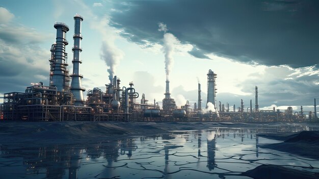 Nachtelijke petrochemische industrie verlicht nachtzicht productielocatie industrieel complex Gegenereerd door AI