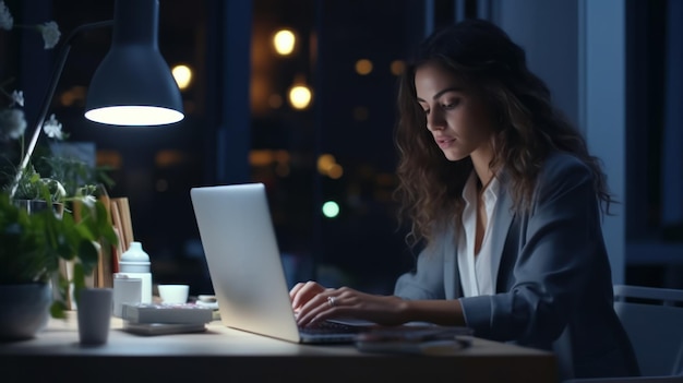 Nachtelijke productiviteit Jonge zakenvrouw typt op laptop thuis