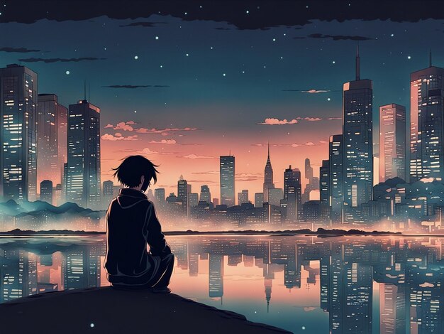Nachtelijke reflecties lofi manga behang van een droevige maar prachtige scène met stadsbeeld